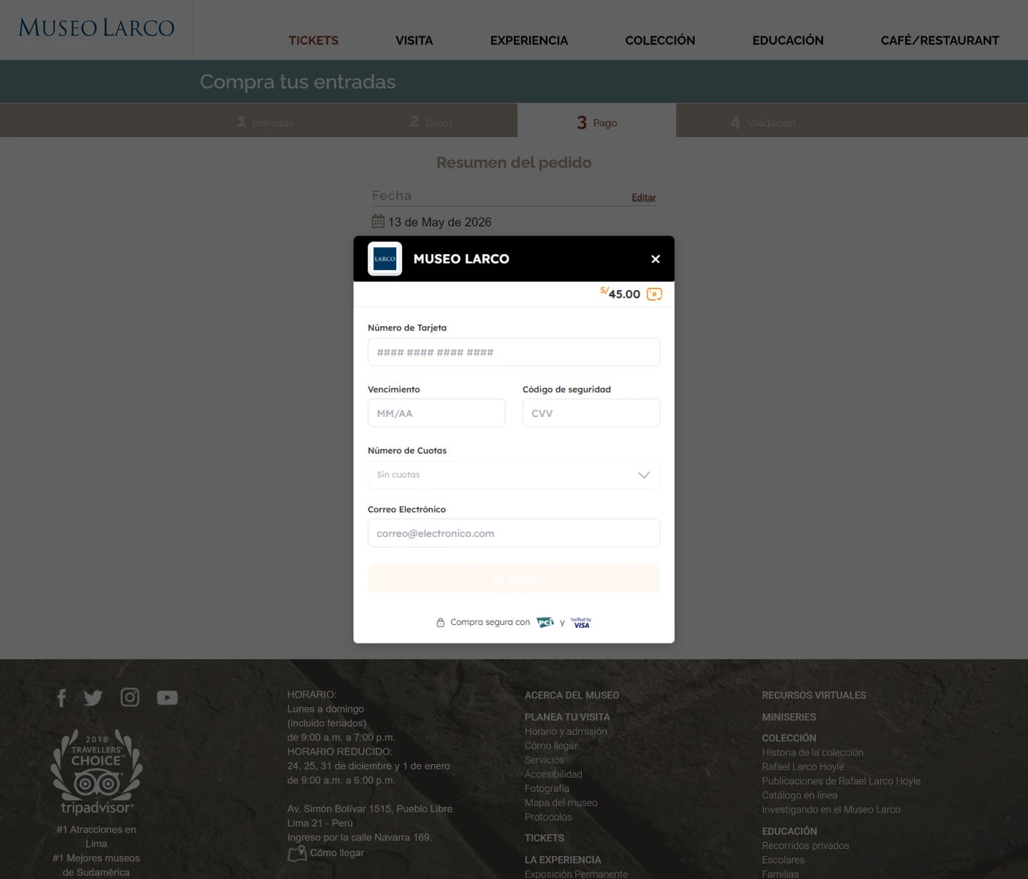 Formulario de ingreso de datos de tarjeta para realizar el pago